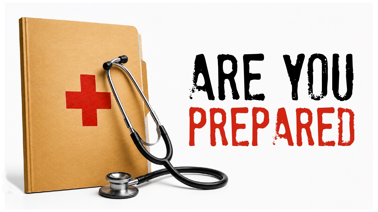 Folder with a medical cross, stethoscope, and the words: are you prepared.